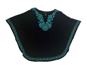 INC modal Embroidered hippie Poncho top Small dolman kimono sleeves black blue